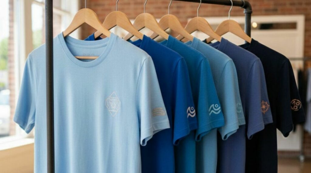 t-shirts bleus avec logo