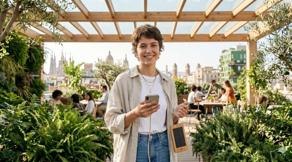 personne avec une batterie externe à énergie solaire dans la main