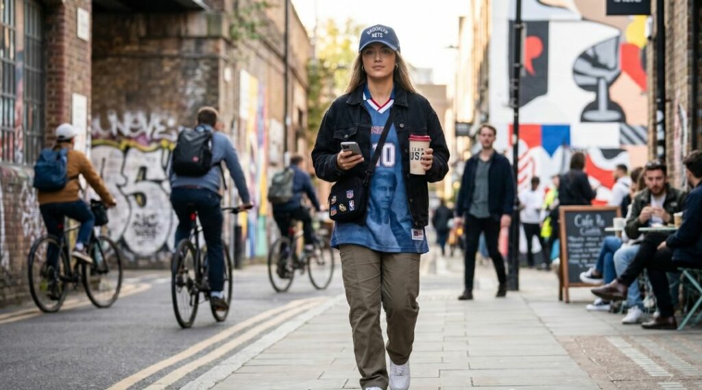 femme dans la rue avec merchandising sportif