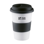Mug à emporter personnalisé couvercle et bande silicone 400 ml couleur noir vue avec zone d'impression