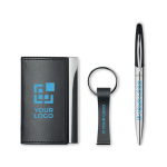 Parure de porte-cartes, porte-clés et stylo à encre bleue Business vue avec zone d'impression