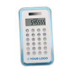 Calculatrices publicitaires 8 chiffres petites, design simple Basical couleur bleu transparent vue avec zone d'impression