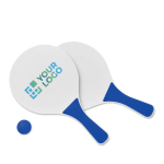 Set de tennis pour la plage composé de 2 raquettes en bois et 1 balle vue avec zone d'impression
