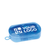 Étui en plastique translucide avec articles de papeterie DeskSet couleur bleu transparent vue avec zone d'impression