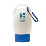 Protection solaire indice 20 avec mousqueton 30ml Protekt couleur bleu vue avec zone d'impression
