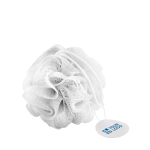 Éponge de douche promotionnelle de couleur blanche avec sac Bob couleur blanc vue avec zone d'impression