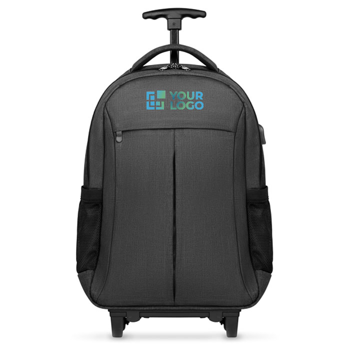 Sac à dos à roulette personnalisé avec le logo d'entreprise Wheels vue avec zone d'impression
