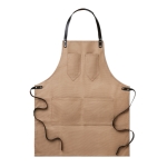 Tablier publicitaire en toile avec des lanières en cuir et poches BBQ couleur taupe