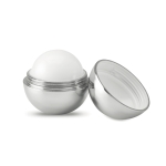 Baume à lèvres avec logo dans boîte ovale colorée SPF 15 UV Lipball couleur argenté brillant