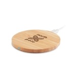 Chargeur sans fil circulaire en bambou avec petite le bleue Natura couleur bois troisième vue principale