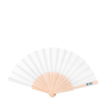 Éventail personnalisé pas cher en bois et polyester Woodster couleur blanc vue avec zone d'impression