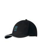 Casquette noire de style baseball avec logo et ligne de couleur Stripe couleur blanc vue avec zone d'impression