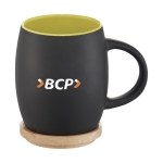 Tasse en céramique avec base ou couvercle en bois 400 ml Coaster couleur vert lime vue avec impression sérigraphique