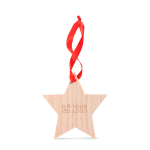 Etoile en bois avec ruban rouge pour Noel à personnaliser Starwood couleur bois vue avec zone d'impression