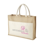 Sac cabas toile de jute personnalisable avec poche Pocket XL couleur naturel vue impression sérigraphique