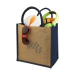 Sac toile de jute personnalisable avec poignées en coton Jute Side couleur bleu vue impression avec logo
