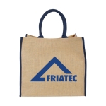 Sac cabas en jute fermeture velcro et doubles poignées Jute Edge couleur bleu deuxième vue impression sérigraphique