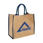 Sac cabas en jute fermeture velcro et doubles poignées Jute Edge couleur bleu vue impression sérigraphique
