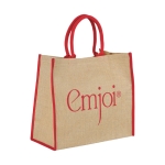 Sac cabas en jute fermeture velcro et doubles poignées Jute Edge couleur rouge vue impression sérigraphique