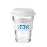 Mug de transport personnalisé en verre et bande 350 ml couleur blanc vue avec zone d'impression