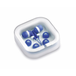 Écouteurs de différentes couleurs avec connexion jack dans étui blanc couleur bleu première vue