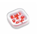 Écouteurs de différentes couleurs avec connexion jack dans étui blanc couleur rouge première vue