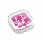Écouteurs de différentes couleurs avec connexion jack dans étui blanc couleur fuchsia première vue