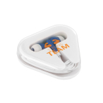 Écouteurs promotionnels offert dans un coffret triangulaire Bass couleur bleu image avec logo