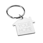 Porte-clés en métal personnalisé pas cher en forme de maison couleur argenté mat image avec logo