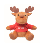 Renne en peluche personnalisé avec t-shirt pour logo Rudolph couleur rouge vue avec zone d'impression