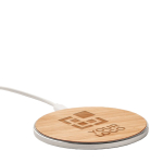 Chargeur sans fil rapide rond en bambou 10W couleur bois vue avec zone d'impression