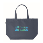 Sac tissu personnalisé RPET 600D longues poignées et soufflet Store couleur bleu vue avec zone d'impression
