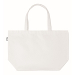 Sac tissu personnalisé RPET 600D longues poignées et soufflet Store couleur blanc vue avec zone d'impression