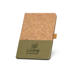 Carnet avec couverture en liège A5 avec pages lignées couleur vert foncé image avec logo