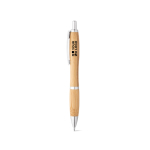 Stylo en bambou avec forme arrondie et raccords métalliques avec zone d'impression