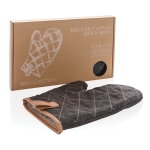 Gant de cuisine pour four matelassé personnalisé avec frange marron couleur noir vue avec boîte