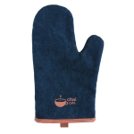 Gant de cuisine pour four matelassé personnalisé avec frange marron couleur bleu vue avec logo