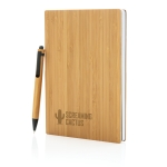Carnet durable en bambou avec stylo A5 pages lignées EcoBamboo couleur marron vue avec logo