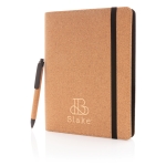 Chemise àcouverture en liège, carnet, stylo et pochette A5 Cork Style couleur ivoire vue avec logo