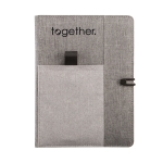 Conférencier personnalisé de couleur grise avec carnet A5 NoteBook couleur gris vue avec logo