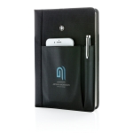 Ensemble de carnet avec divers compartiments et stylo Refillable couleur noir vue avec logo