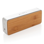 Enceinte en aluminium, bambou et tissu avec caisson de basse EcoFusion couleur marron deuxième vue avec logo