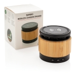 Enceinte avec chargeur compatible avec Android et iPhone Wireless couleur bois vue avec boîte