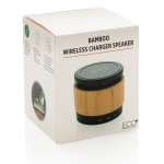 Enceinte avec chargeur compatible avec Android et iPhone Wireless couleur bois deuxième vue avec boîte