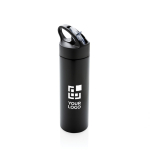 Gourde de sport en acier inoxydable avec paille 500 ml Pioneer couleur noir avec zone d'impression