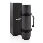 Bouteille isotherme publicitaire en inox avec 2 tasses 700ml Portable couleur gris foncé vue avec boîte