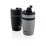 Mugs thermos promotionnels compacts avec bande en silicone 280ml Strip couleur noir vue avec plusieurs logo