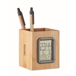 Pot à crayons cubique en bambou avec calendrier et thermomètre Bamboo couleur bois deuxième vue principale