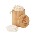 20 lingettes nettoyantes visage réutilisables dans un sachet Bamboo couleur bois vue avec zone d'impression