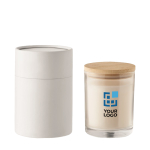 Bougie allongée à la vanille dans un récipient en verre Scented couleur transparent vue avec zone d'impression